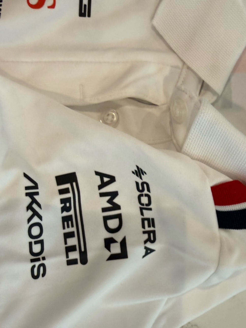 Mercedes AMG Petronas White Polo Jersey with Red and Navy Blue Stripes - Picture 4 of 6
